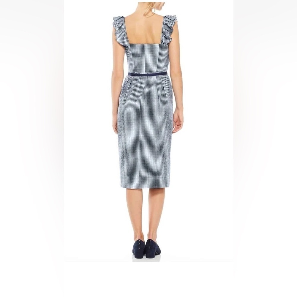 Gal Meets Glam Retro Blue Gingham Ruffle Carly Belted Sheath Midi Dress - Picture 6 of 8